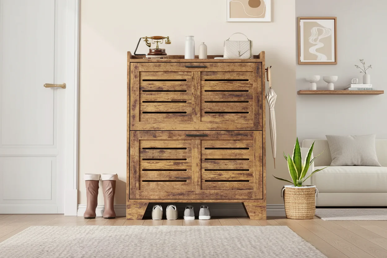 Slim Shoe Storage Cabinet with 2 Flip Drawers & Hooks for Foyer, Hallway, Garage