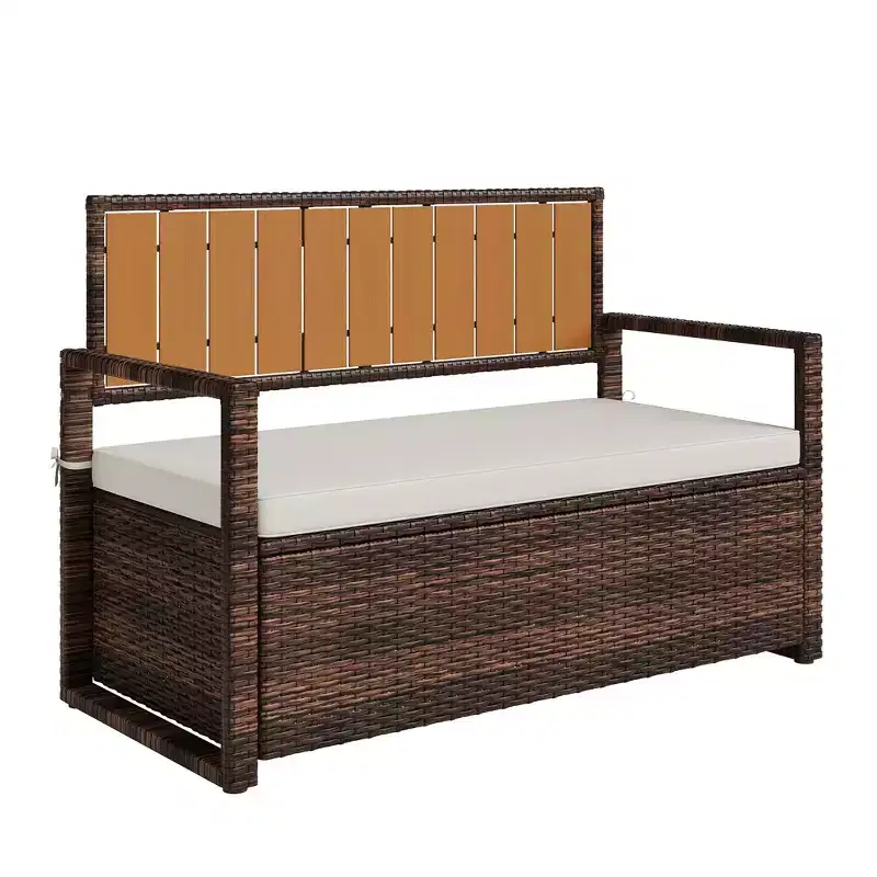 Outdoor Storage Bench with Cushion - 2-Person All-Weather PE Rattan Patio Loveseat - Waterproof Wicker Deck Box with Backrest & Armrests
