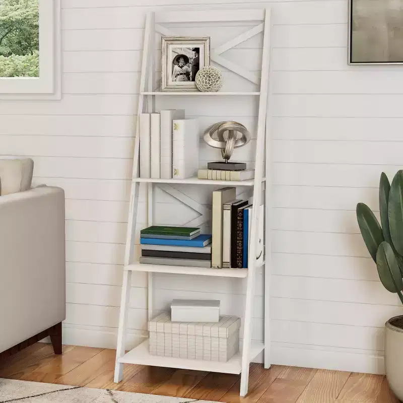 Hastings Home 4-Tier Ladder Bookshelf, Freestanding Bookcase with X-Back Frame and Leaning Look for Home or Office, White