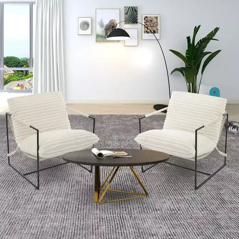 Living Room Sling Chair, 2-Pack, Metal Frame with Armrests, Shredded Foam Cushion, Oversized Lounge Chair for Bedroom, Study, Light Gray