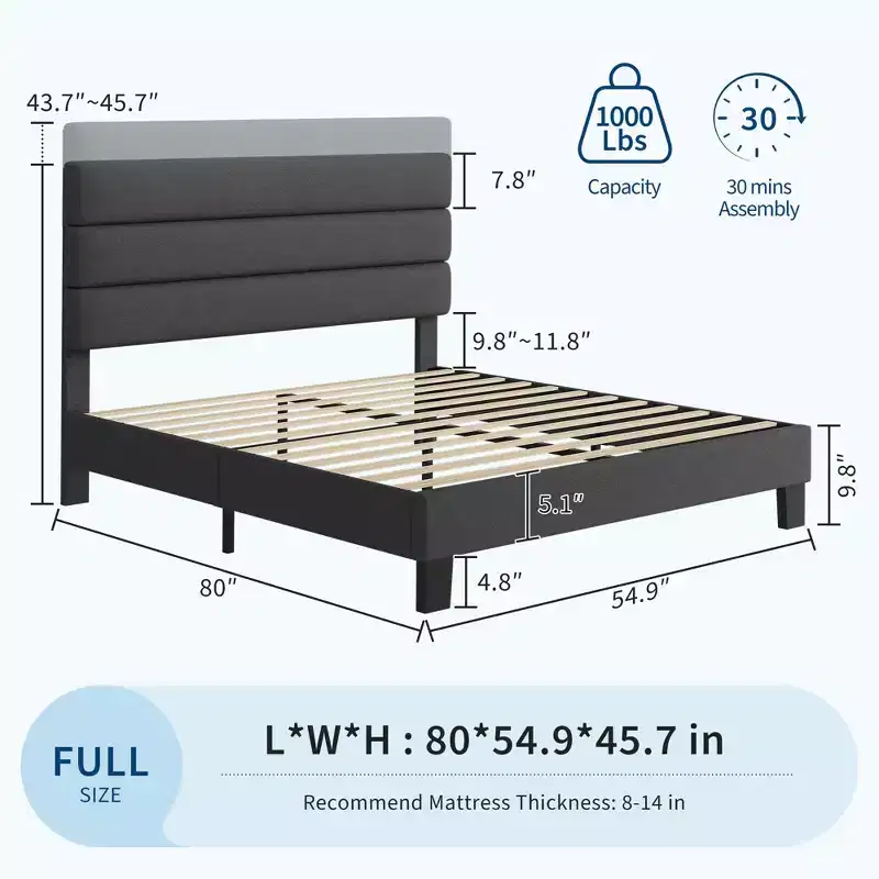 Bed Frame with Adjustable Headboard, Linen Fabric Upholstered, Heavy Duty Mattress Foundation, No Box Spring Needed