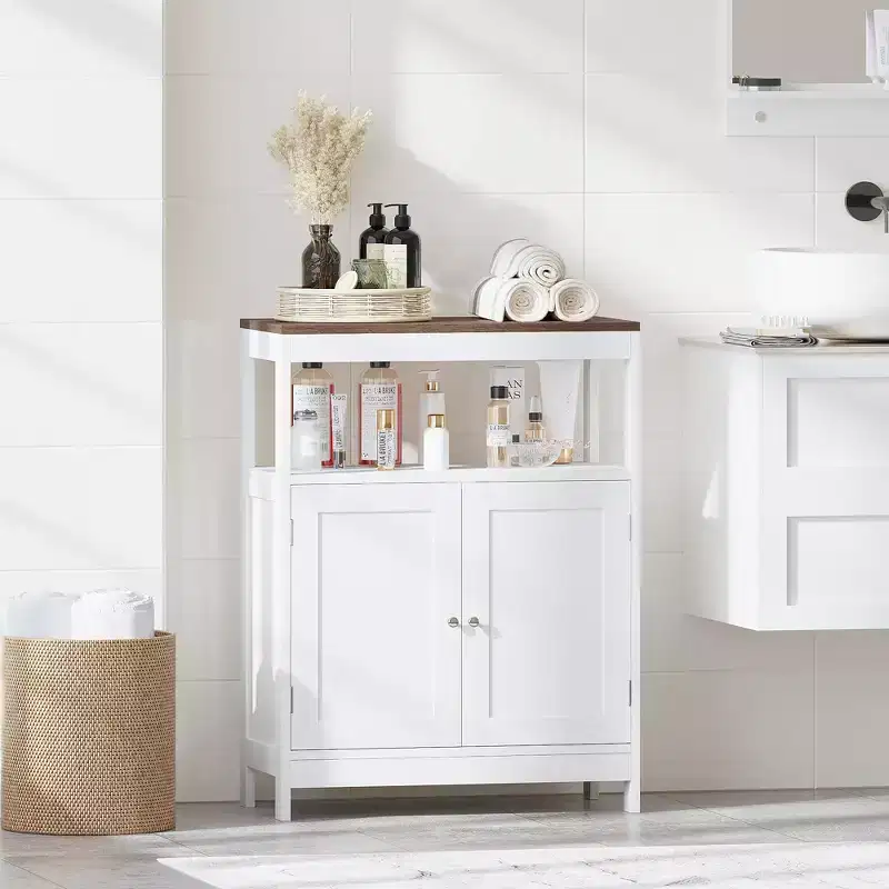 Modern Storage Cabinet with Double Doors, Freestanding Bathroom Organizer with Adjustable Shelf and Wood Top for Kitchen, Entryway, White
