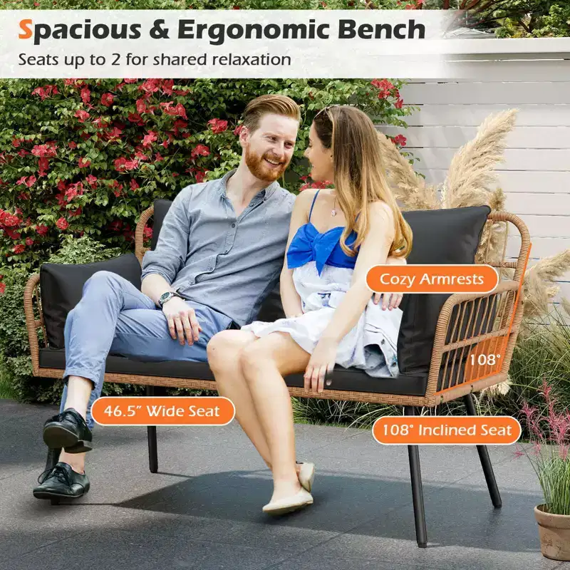 Costway Patio Wicker Loveseat Furniture with Seat Back Cushions, Heavy-Duty Metal Legs Off-White/Black