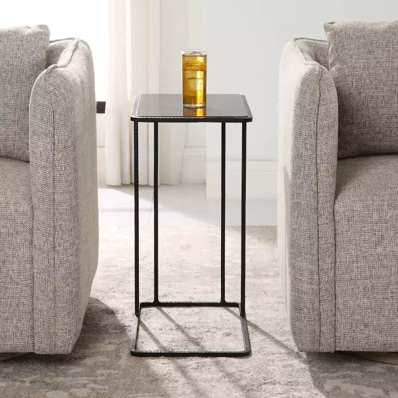 Rectangular Bluestone Top Accent Table with Black Iron Frame & Carved Details, 24