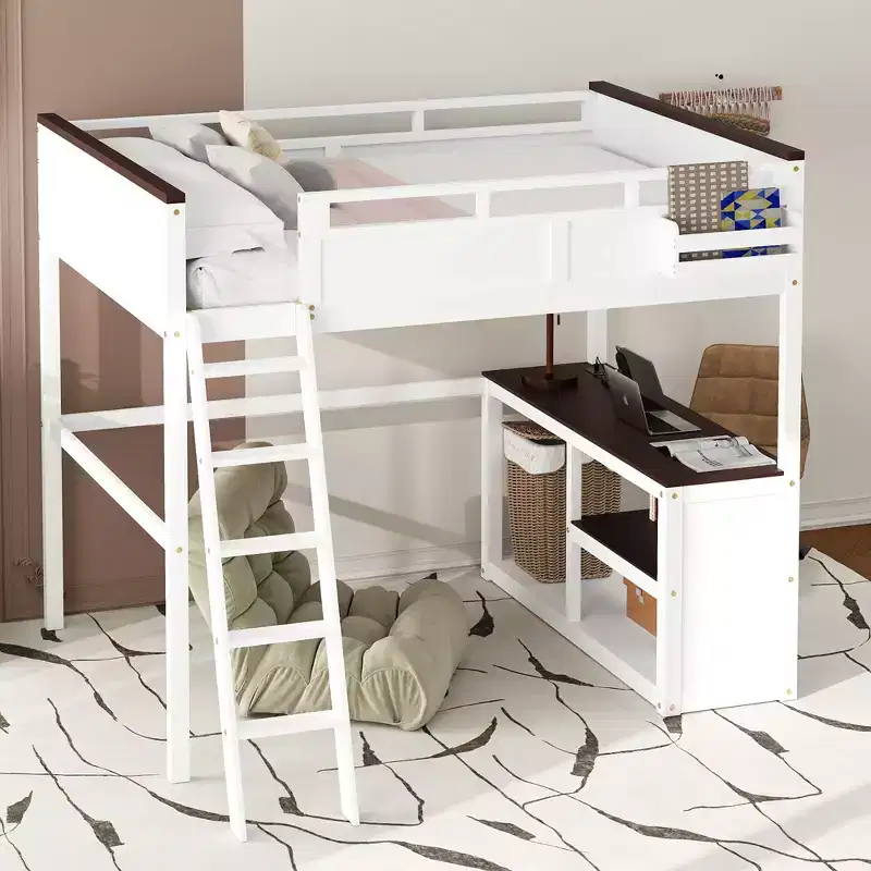 Queen Size Loft Bed with Built-in Desk and Shelves, Space-Saving Wooden Loft Bed Frame with Storage Box and USB, White