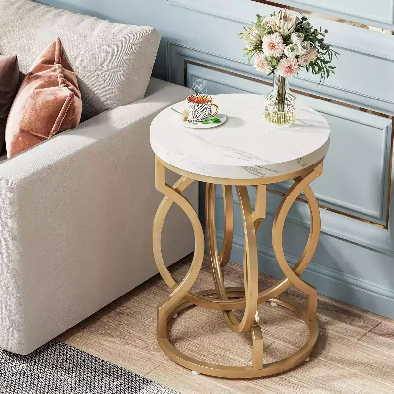 Round End Table – Faux Marble Top, O-Shaped Metal Base, White, 19.7x25.6 in