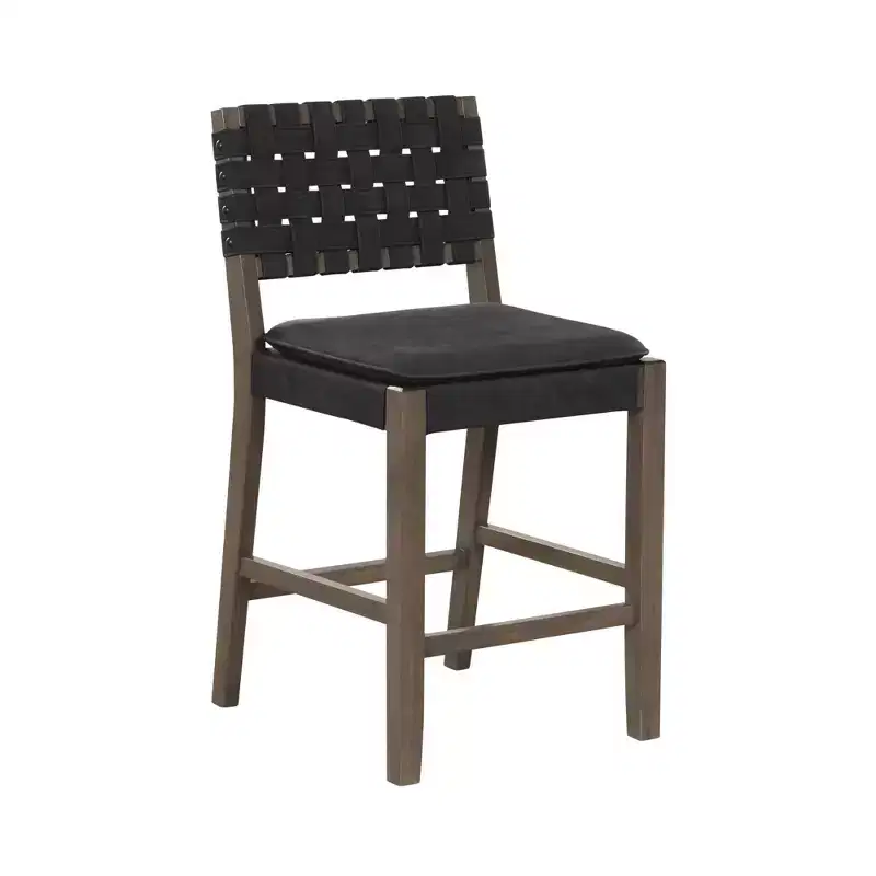 Nathan James Cohen Woven Faux Leather Counter Height Barstool Black: Rubberwood Frame, Saddle Seat, Stud Detail