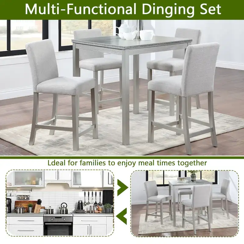 Modern 5-Piece Dining Set with Square Counter Height Table & 4 Upholstered Chairs