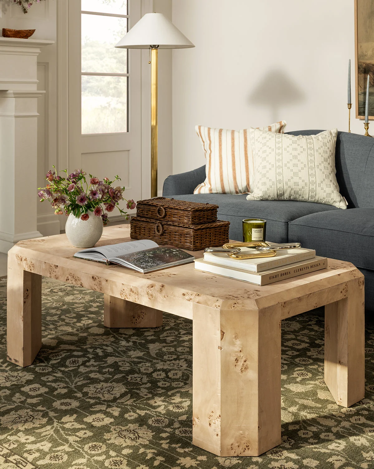 Organic Burl Wood Coffee Table with Natural Grain & Geometric Construction for Living Room