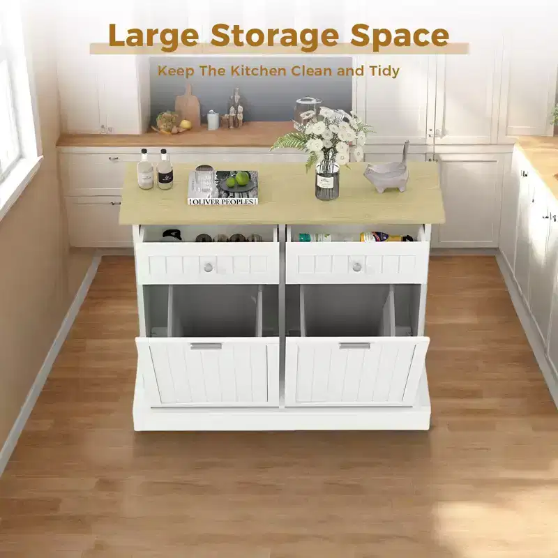 20 Gallons Tilt Out Trash Cabinet, 2 Door Wood Garbage Recycling Cabinet with Drawer, Freestanding Pet Proof Trash Bin for Kitchen Living Room