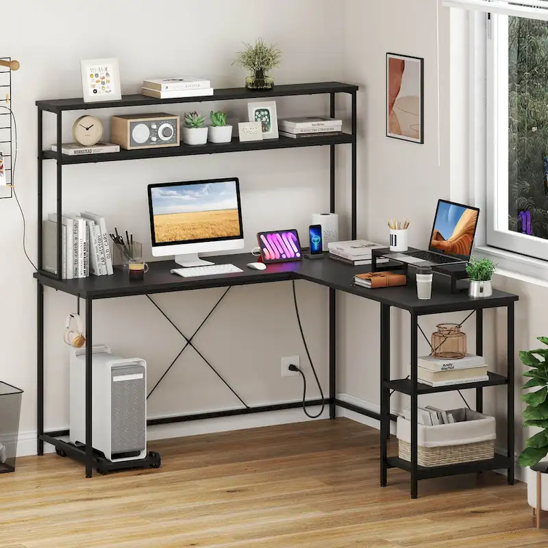 L-Shaped Gaming Desk with LED Strip & Power Outlets