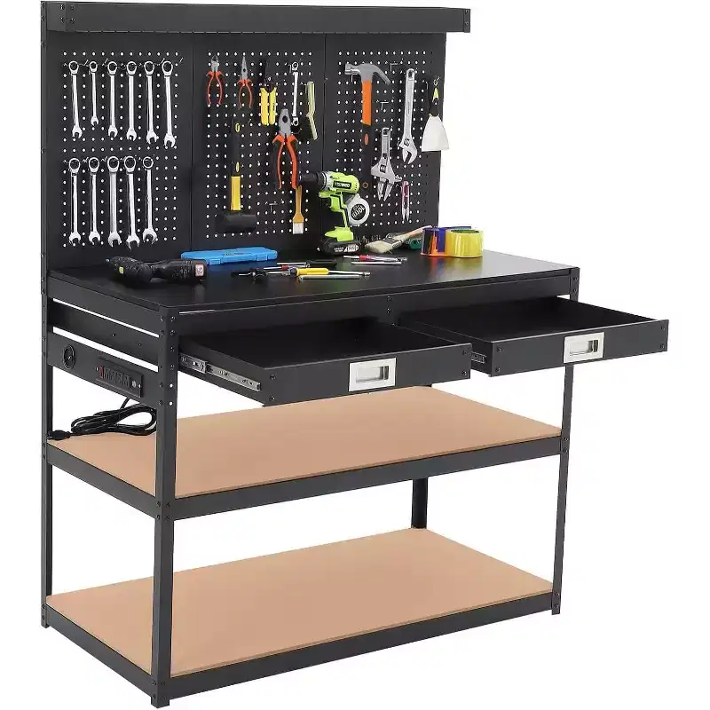 Acekool 48 Adjustable Workbench, 3-Tier Heavy-Duty Work Table with Power Outlets, Drawer & Pegboard, 880 lbs Load, for Garage Office Workshop