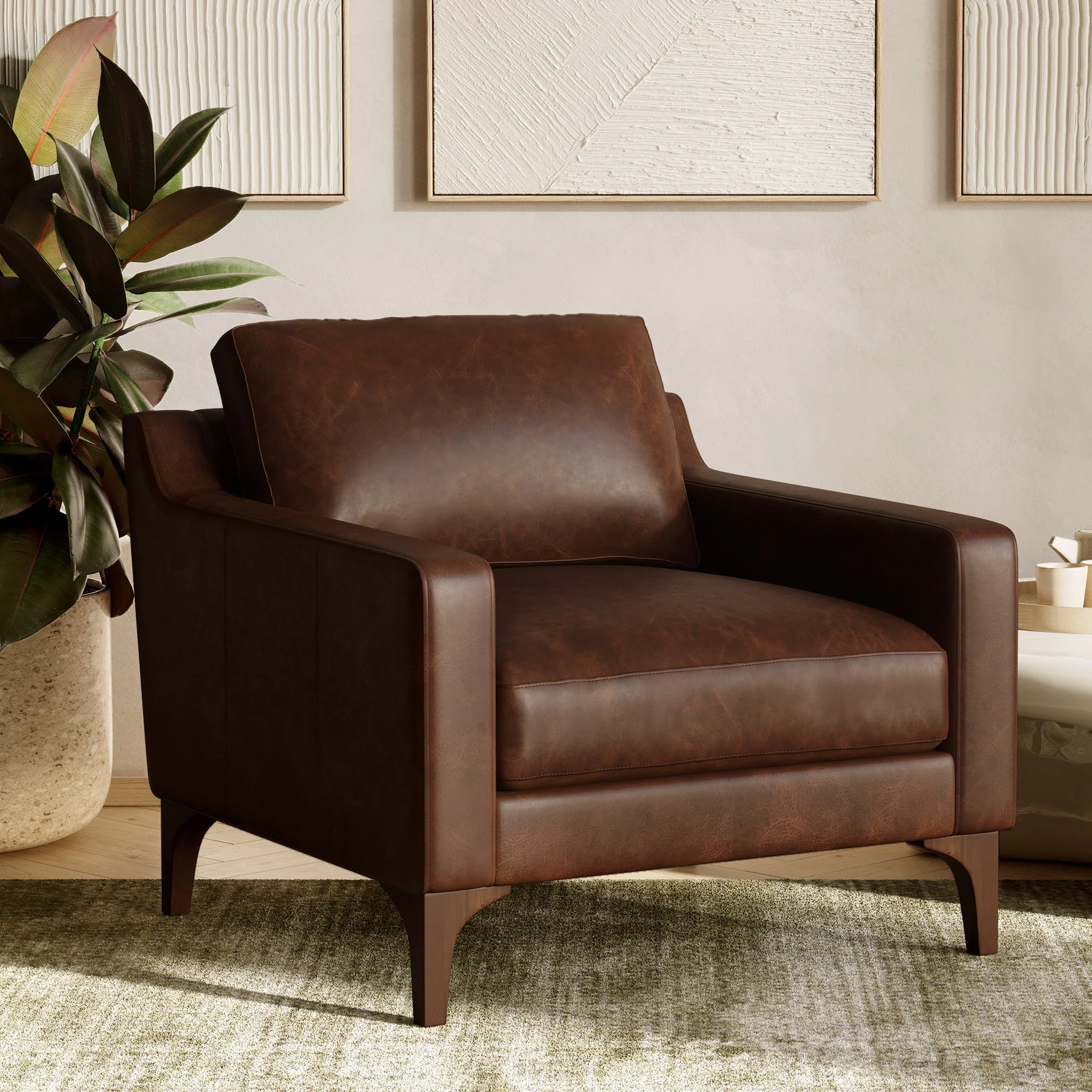 Modern Chocolate Brown Leather Lounge Chair with Kiln-Dried Wood Frame
