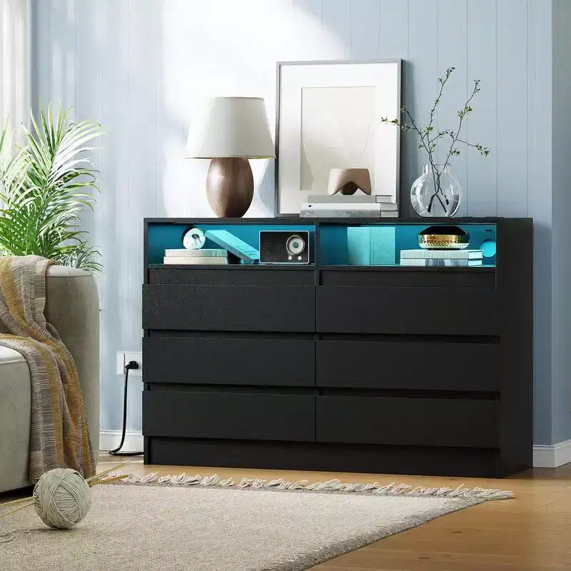 6 Drawer Dresser with Charging Station and LED Lights, Modern Chest of Drawers with Power Outlet