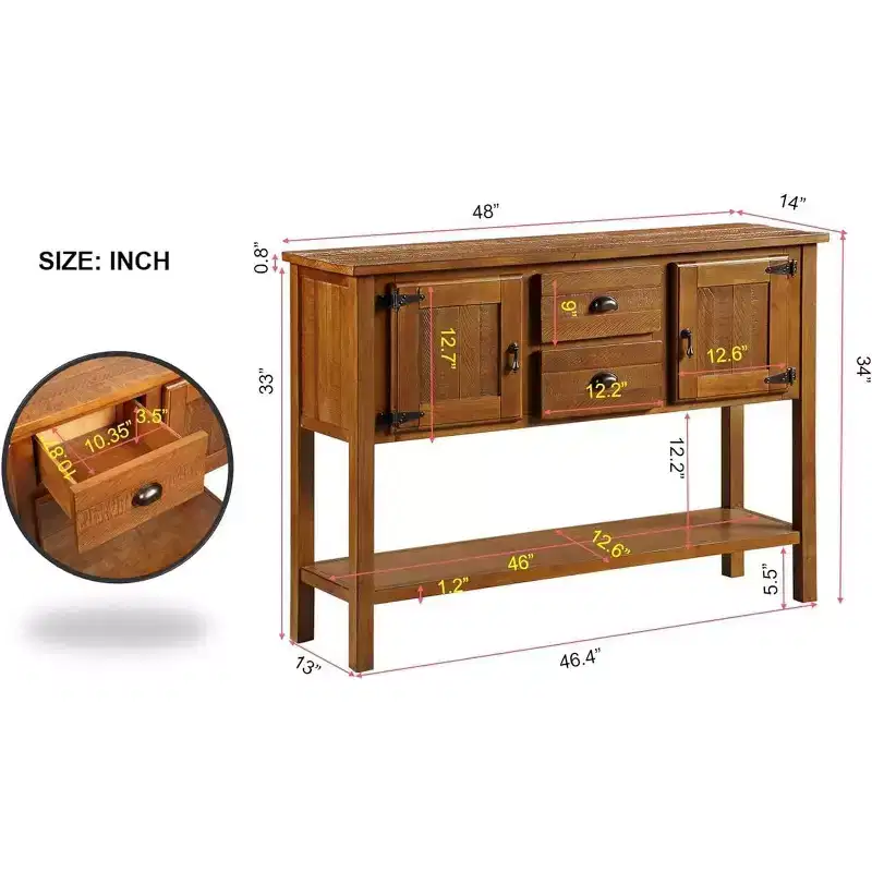 48'' Sideboard Console Table with 2 Drawers and Cabinets and Bottom Shelf, Wood, Buffet Cabinet Sofa Table for Kitchen Dining Room
