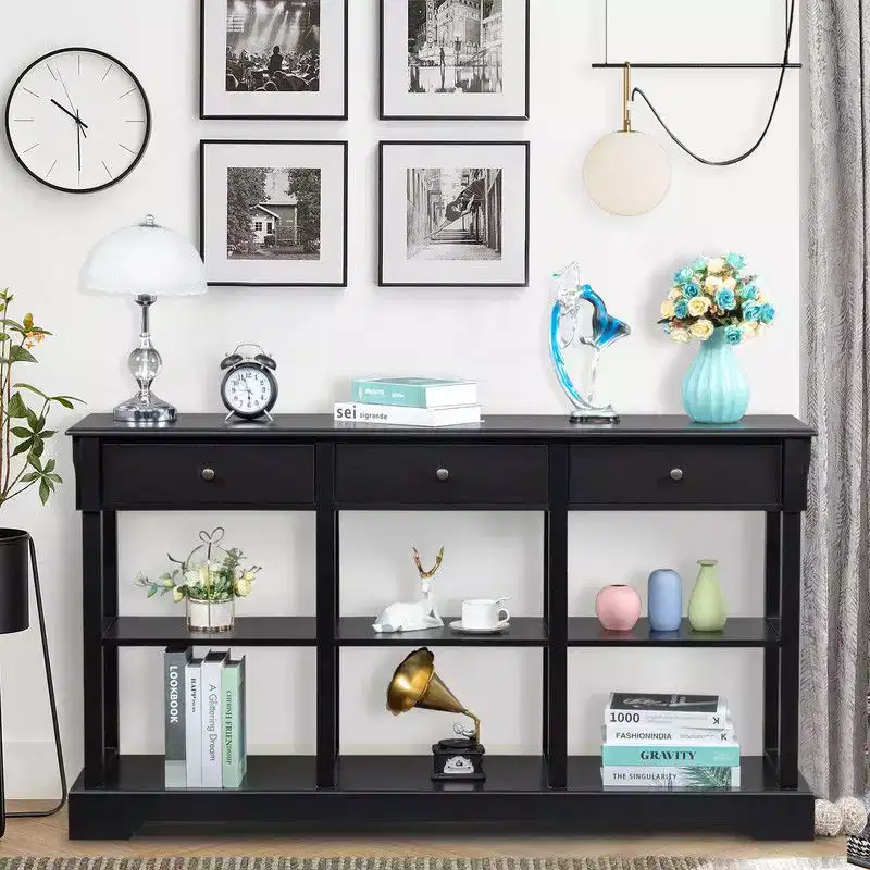 Console Entrance Table with 3 Drawers and 6 Compartments, Black, 58 inches