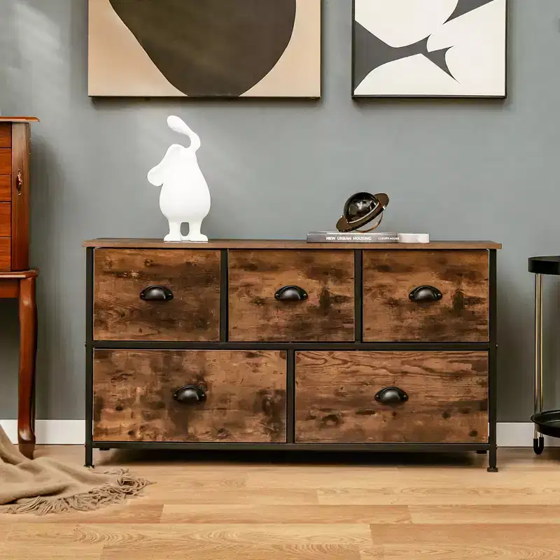 Costway 5-Drawer Dresser Fabric Storage Tower w/wooden Top Chest Organizer Rustic Brown