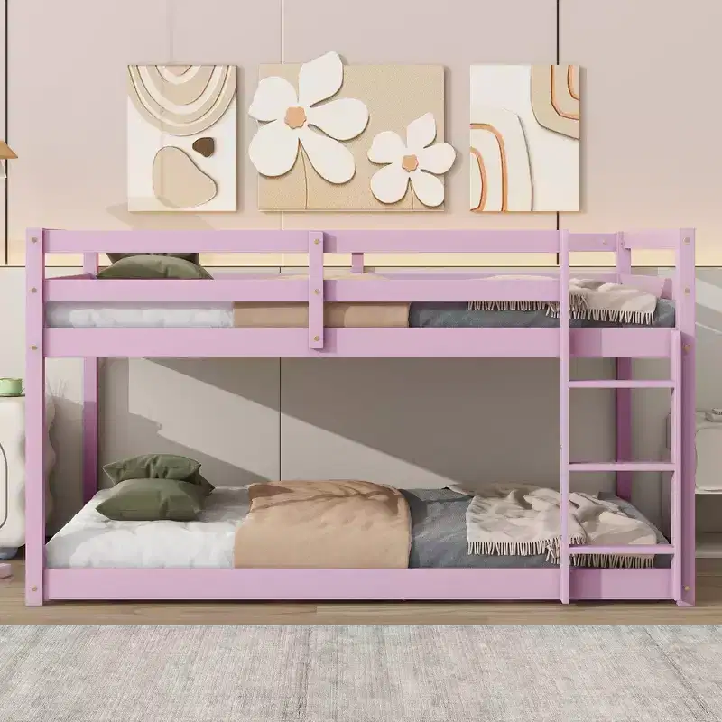 Okak Rubber Wood Twin Loft Bunk Bed,Low Profile Double Deck Bed with Wide Ladder & Reinforced Slats,Multi-Functional Loft Bed for Kids,Teens