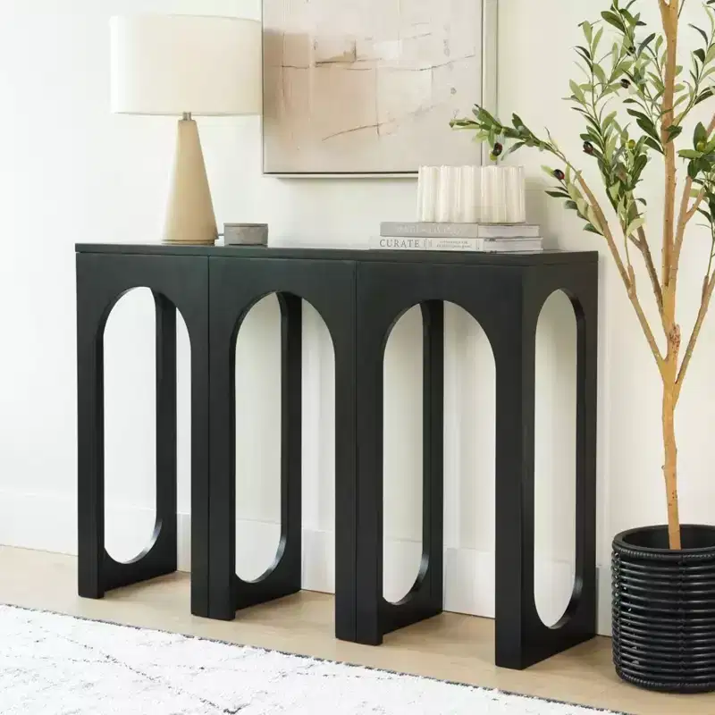 47in Solid Pine Wood Console Table with Arch Legs, Low-VOC Finish, Entryway & Foyer