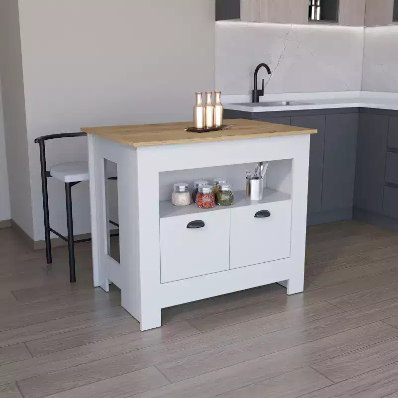 Okak Minimalism Kitchen Island with Ample Storage, Kitchen Island Table with 2 Doors and 3 Shelves, Countertop Organizer for Dining Room