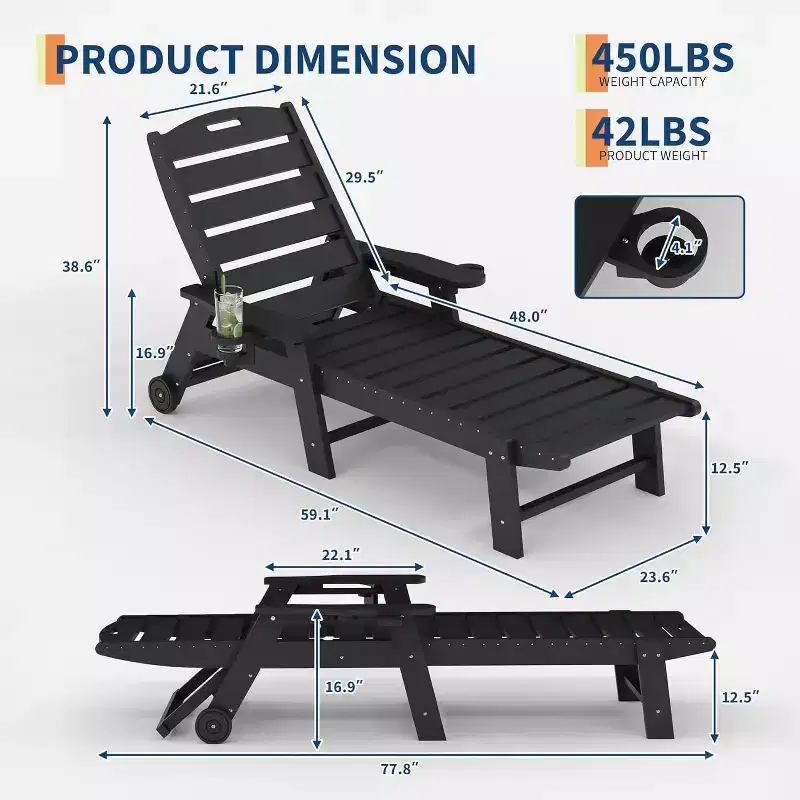 5-Position Patio Lounge Chair for Outside, HDPE Chaise Lounge Outdoor with Cup Holder, Resin Pool Lounger Chair with Rolling Wheels