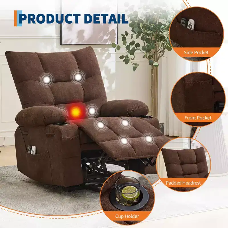 Power Lift Recliner Chair, Electric Massage & Heat Recliner with 45 Assist Stand, with Soft Padded Upholstery, Side Pocket & Cup Holders