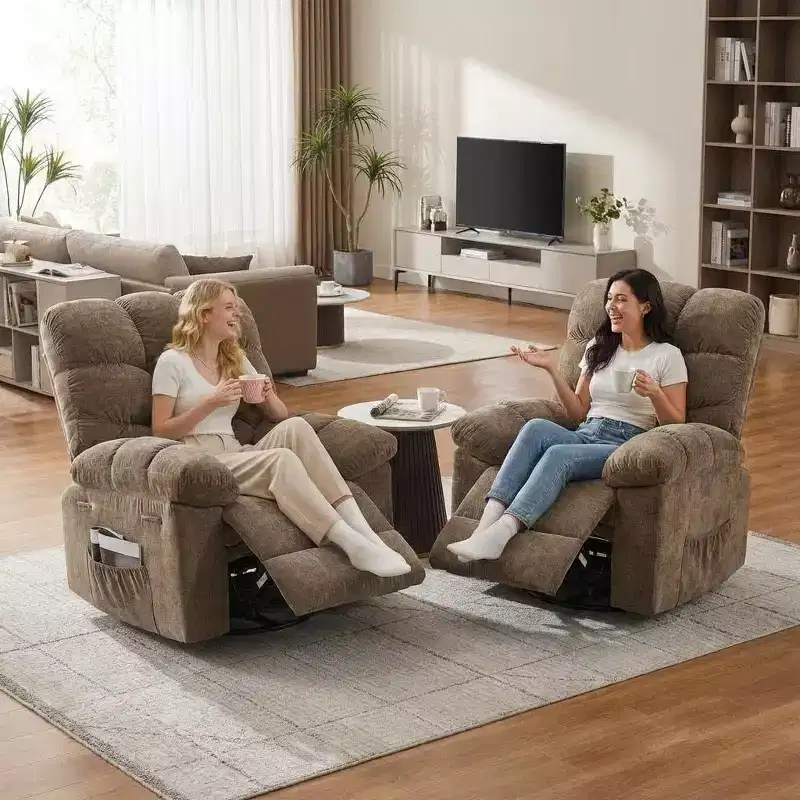 Massage Recliner Chair with Heat - 360 Swivel Rocker, Oversized Single Sofa w/ Vibration, USB & Storage Pockets for Living Room/Bedroom