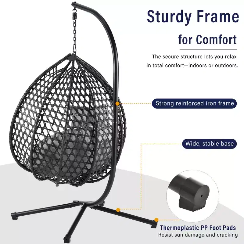 GDFStudio Anderson Hanging Egg Rattan Chair with Stand and Soft Removable Cushion