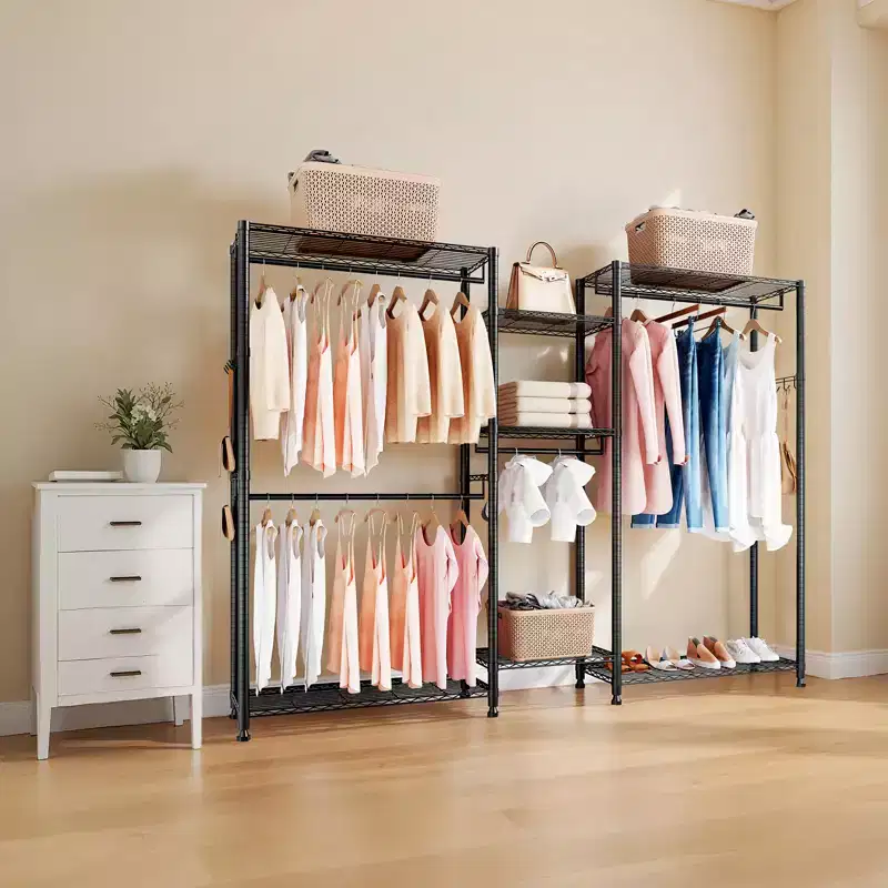VEVOR Clothing Garment Rack,Heavy Duty Closet Wardrobe,7 Adjustable Tiers Clothes Racks with Steel Frame,850lbs Load Capacity with 4Hanging Rods,Black