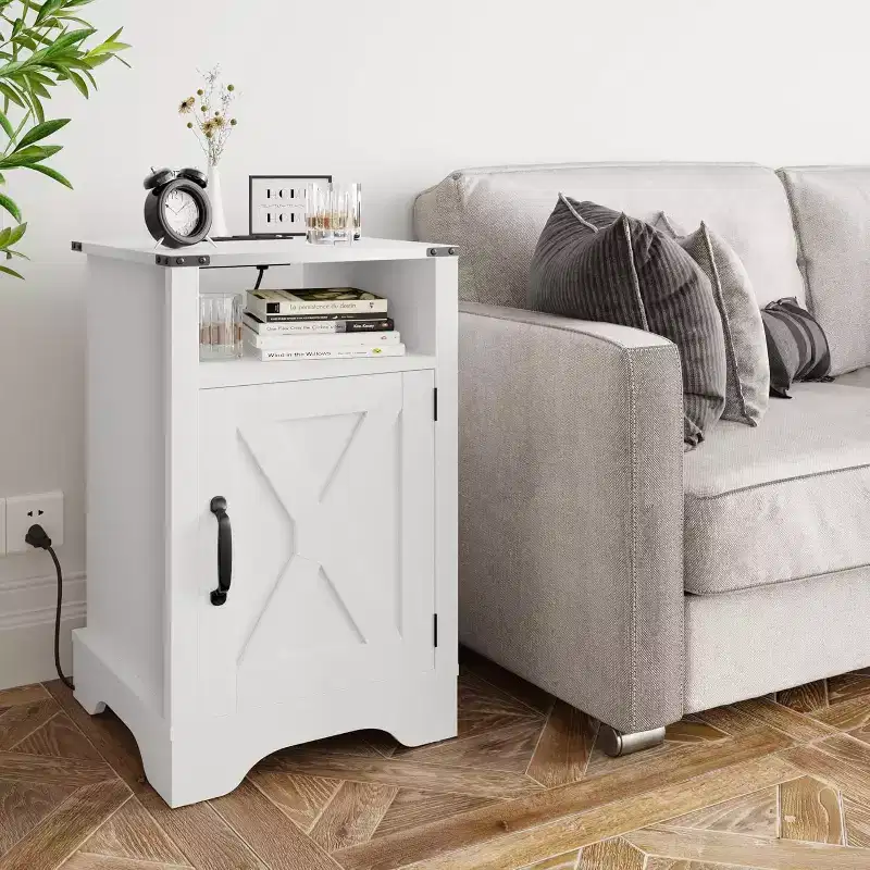 Tall Farmhouse Nightstand with Charging Station, White End Table with Storage, Large Wooden Rustic Bedside Table for Bedroom & Home Office