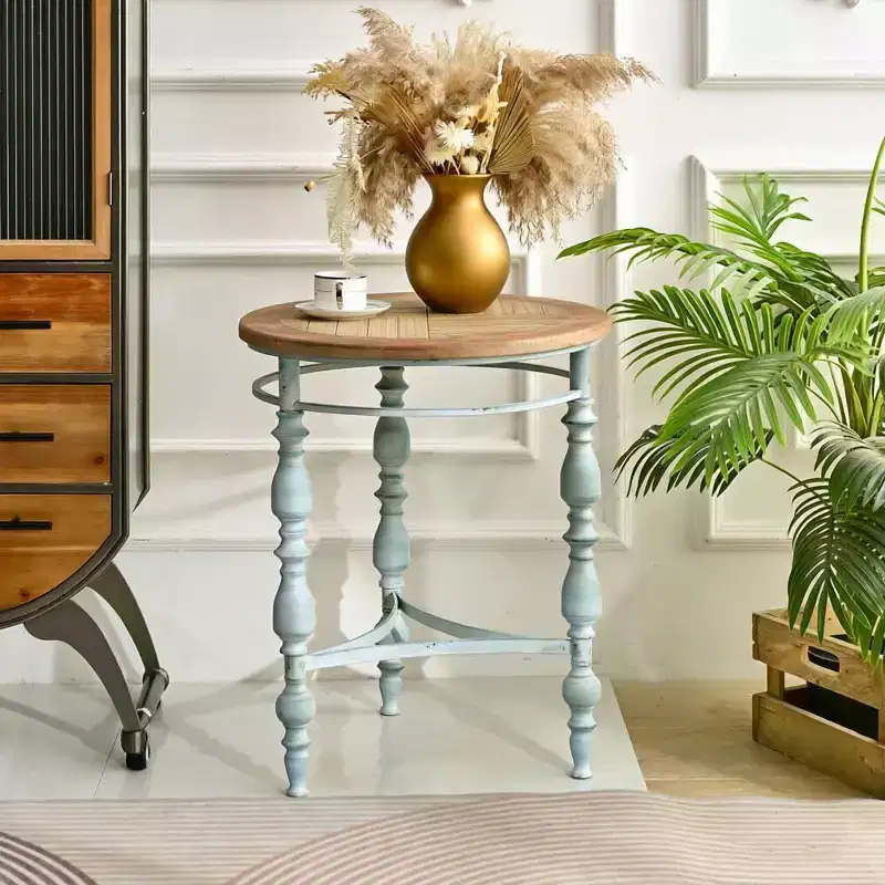 Blue & Brown Round Accent End Table with Metal Leg, 1-Person