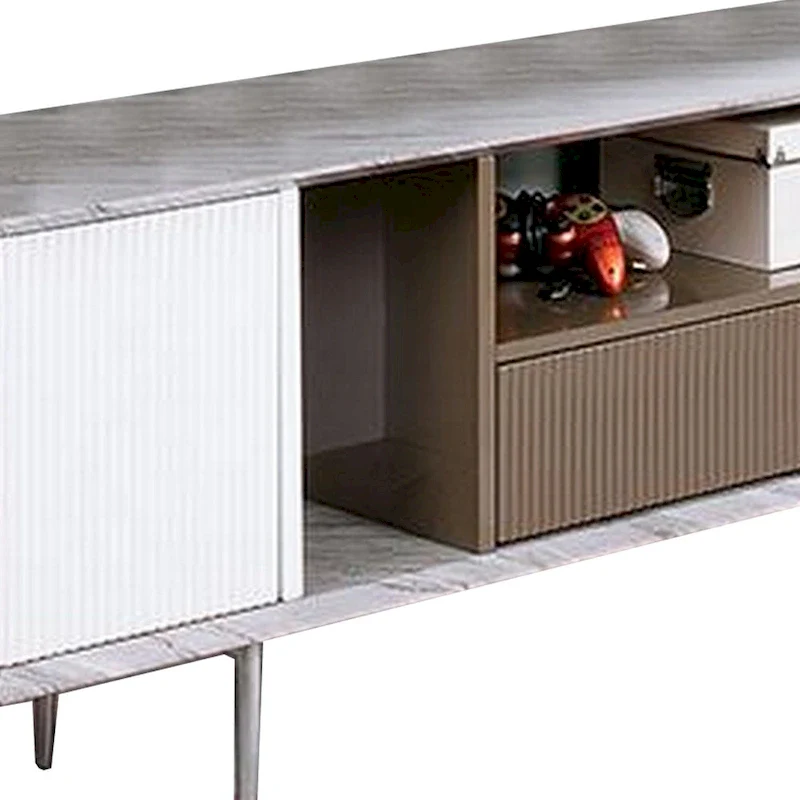 70-Inch TV Stand with 1 Drawer and Open Shelves — White, Champagne & Gray