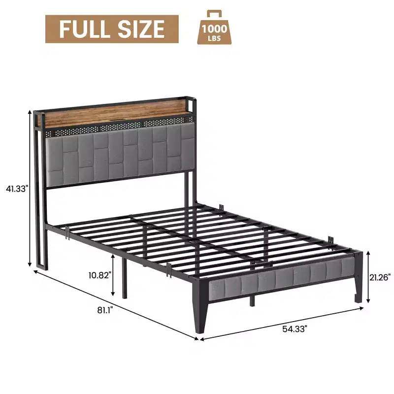 COZONY Full Bed Frame with Wood Headboard/Footboard, Adjustable LED Light & Charging Station, Storage Space