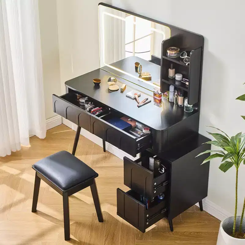 Modern Corner Makeup Vanity Desk with Lighted Mirror, 4 Drawers, Side Cabinet, Matching Stool, and Open Shelves for Bedroom