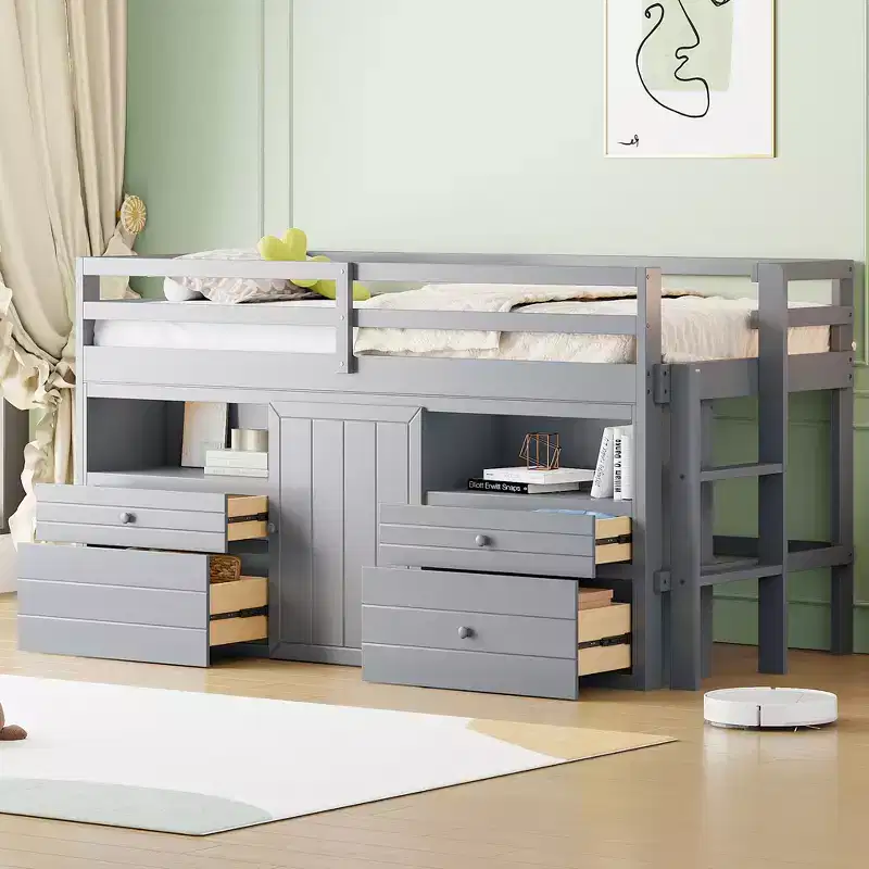 81.8L x 40.8W Modern Design Twin Size Loft Bed with 4 Drawers, Underneath Cabinet and Shelves