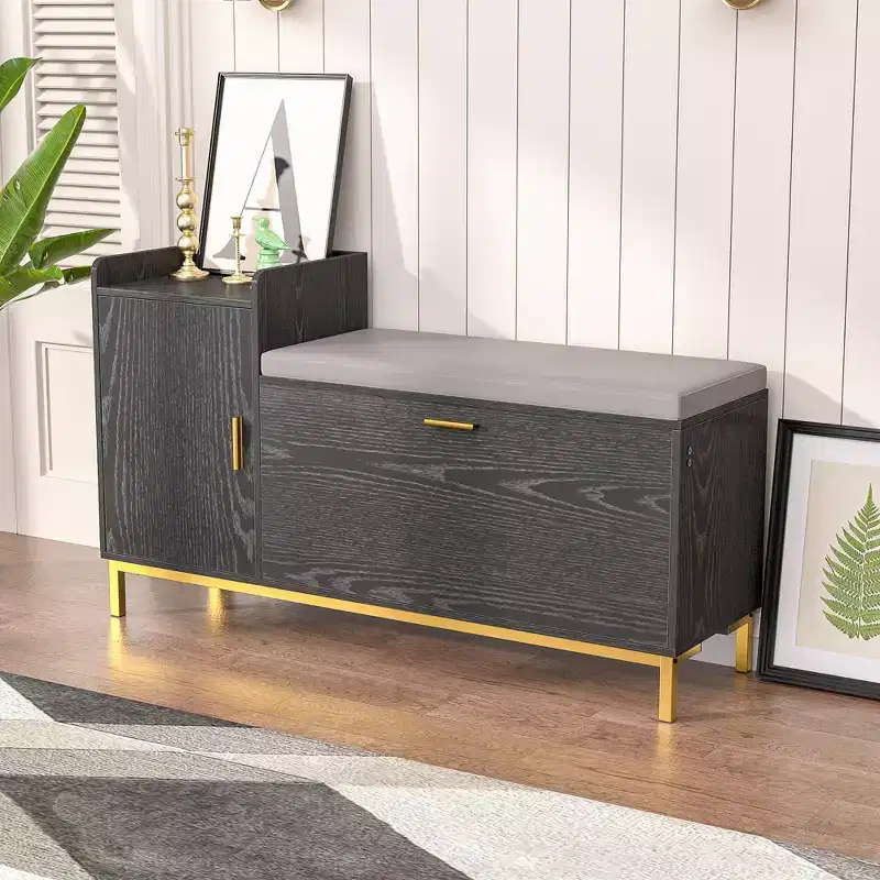 Entryway Storage Bench with 2-Tier Flip Drawers, Cushioned Seat, Holds 8-12 Pairs
