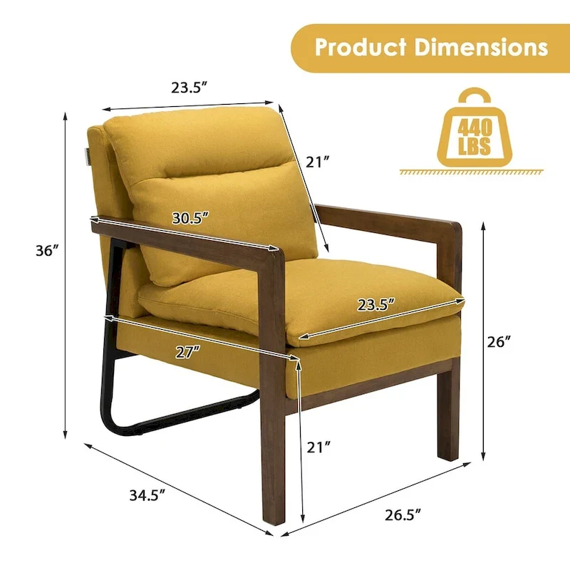 Costway Modern Accent Armchair Lounge Chair w/ Rubber Wood Legs & - 34.5 x 26.5 x 36