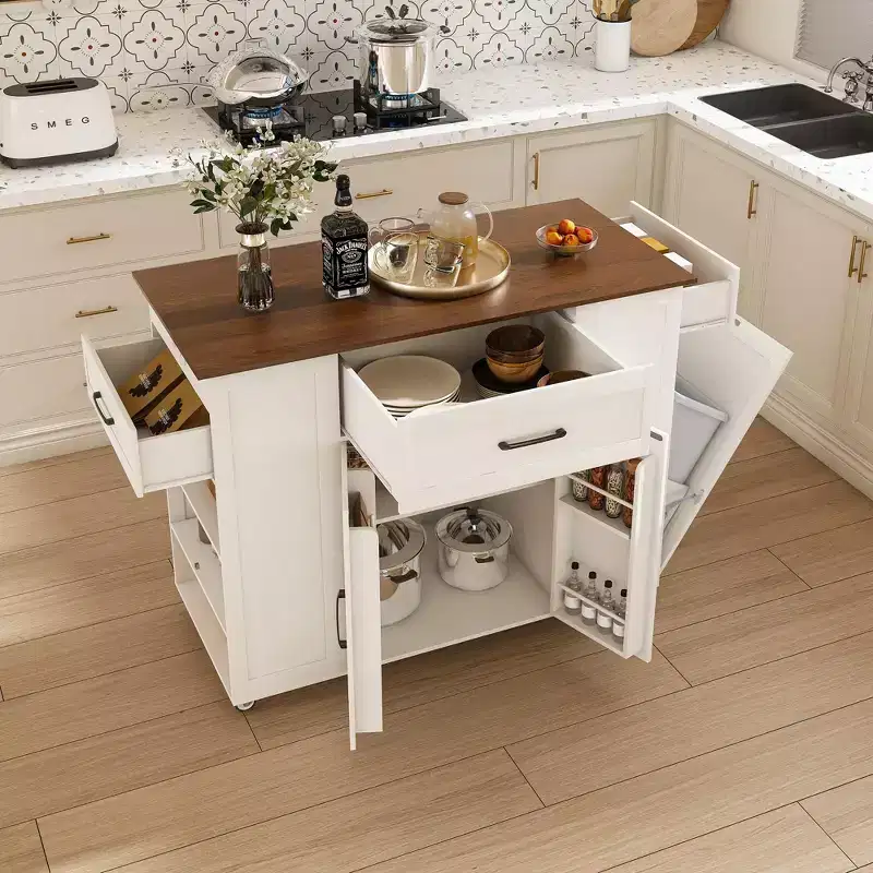 Okak Movable Rustic Kitchen Island Cart with Wheels & Power Outlet,Wood Top Bar Table Storage Cabinet for Kitchen,Dining Room
