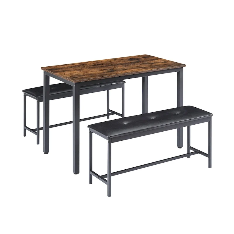 3-Piece Dining Table Set, Rectangular Dining Table with 2 Benches, Rustic Brown and Black