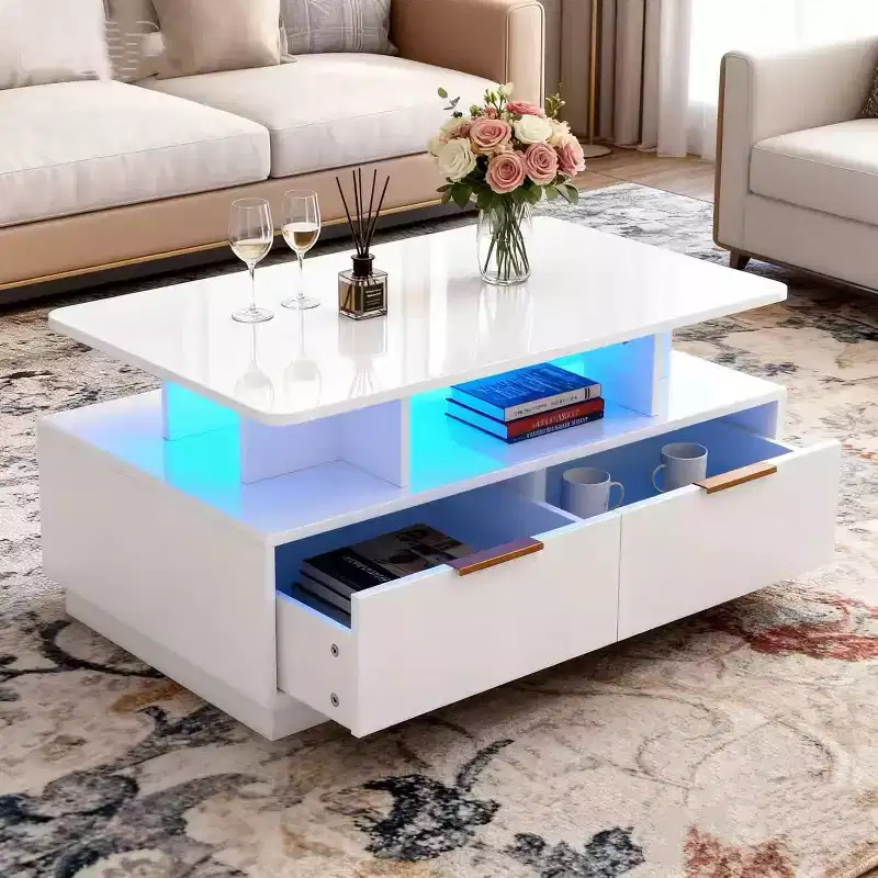 Rectangular Coffee Table with LED Lighting, 4 Drawers & Open Shelf – White, MDF