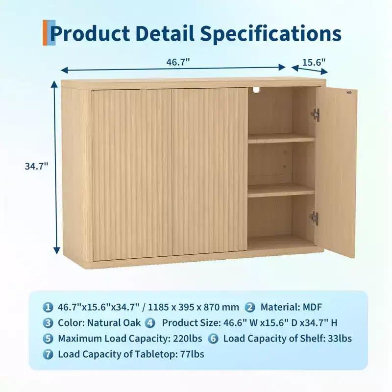 COZONY 46.7 Sideboard Buffet Cabinet, Wooden Fluted Storage Cabinet w/ Adjustable Shelves & 3 Doors