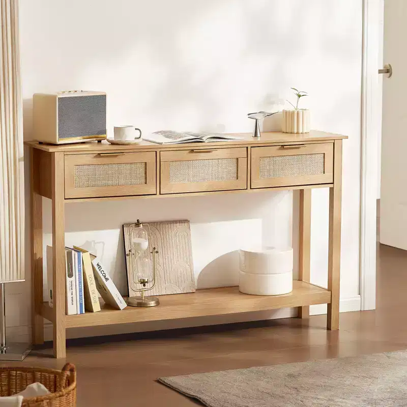 VEVOR Rattan Console Table with 3 Storage Drawers, Rattan Entryway Table with Natural Rattan Sliding Door, Console Sofa Table, Natural