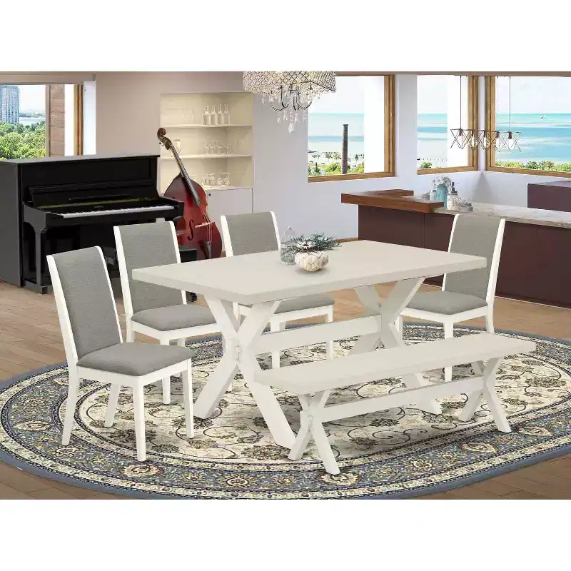 HomeStock 6-Piece Rectangle Natural Oak Finish Solid Wood Top Dining Table with 1-Bench, 4-Chairs