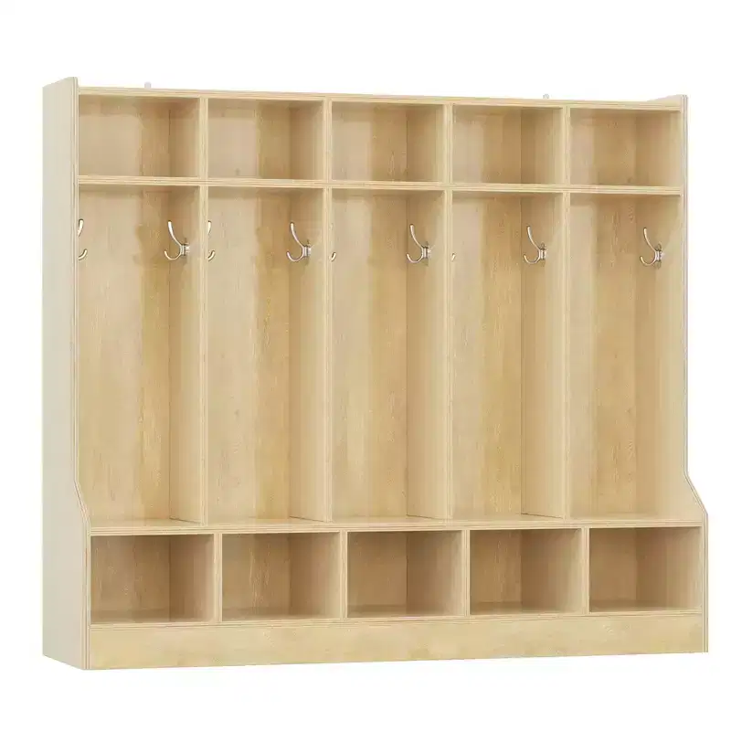 Kids Coat Locker with Bench for Classroom, Smooth Wood Surface 10 Cubbies, Daycare Cubby with 4 Hidden Casters & 10 Hooks, Cubby Storage Organizer