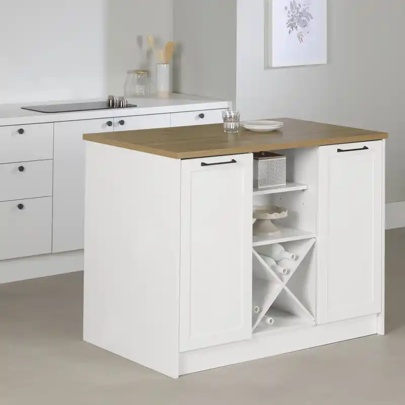 6-drawer Kitchen Island With Doors And Wine Storage - White And Maple Nutmeg