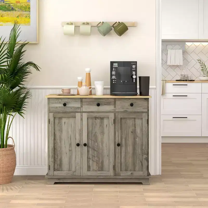 Okak Sideboard Cabinet with Solid Wood Countertop, Storage Cabinet with Adjustable Shelf, Bar Cabinet for Entryway, Living Room, Kitchen, Gray