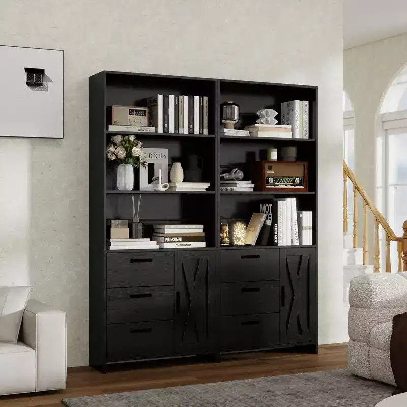 6-Tier Bookshelf with Doors Drawers, Bookcase with 3-Tier Open Shelves, Wood Book Shelf with Storage Cabinet for Home Office, Living Room, Bedroom