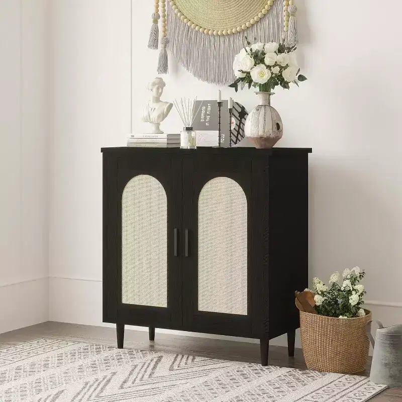 Sideboard Buffet Kitchen Storage Cabinet with Rattan, Solid Wood Feet for Living Room, Hallway, Entryway, Cabinet with Ample Storage Space