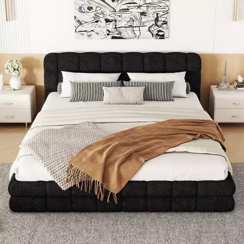 Queen Size Upholstered Platform Bed Frame, Berber Fleece Upholstered Grounded Bed with Tufted Headboard