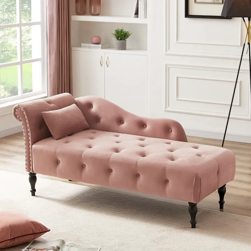 Modern 60.6  Velvet Upholstered Buttons Tufted Chaise Lounge Chair with Solid Wood Legs and Nailheads
